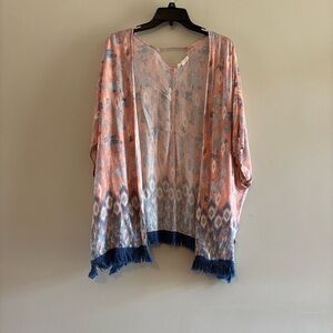 Hem & Thread Peach/Navy Boho Fringe Open-Front Tunic